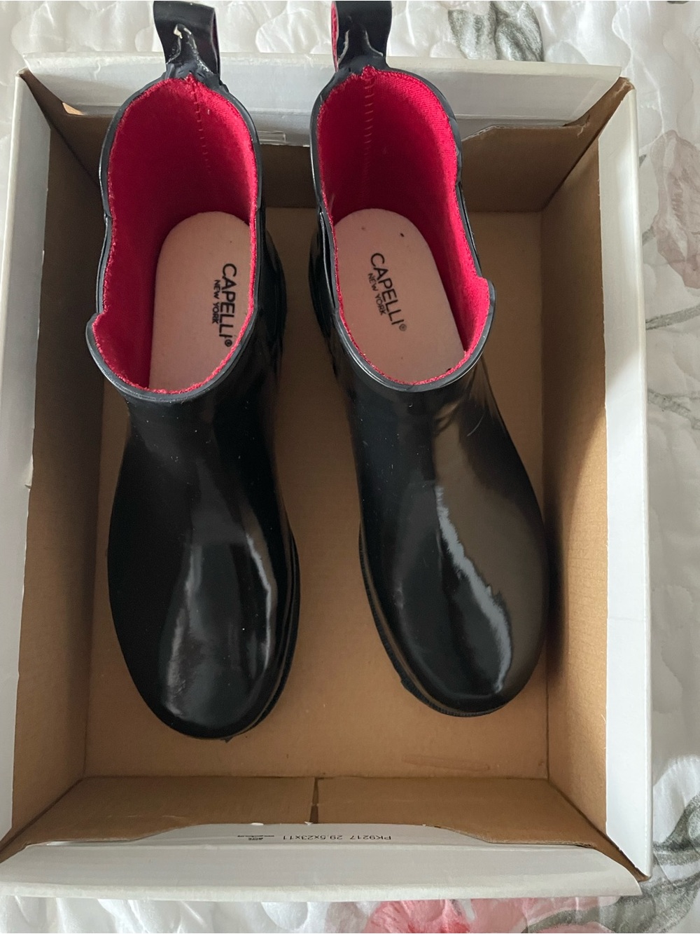 Capelli of New York Black Glossy Ankle Rain Boots with Pink Lining